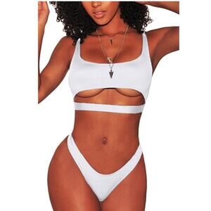Woman's White 2pc Swimsuit High Cut Thong Bikini & Scoop Neck Cut-Out Top Size L